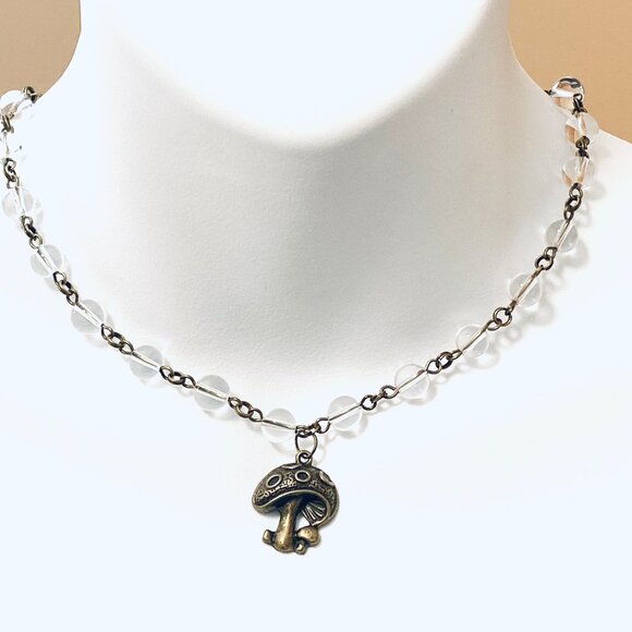 Genuine Clear Quartz Short Necklace, Bronze Round Mushroom + Natural Gemstone - Picture 2 of 15